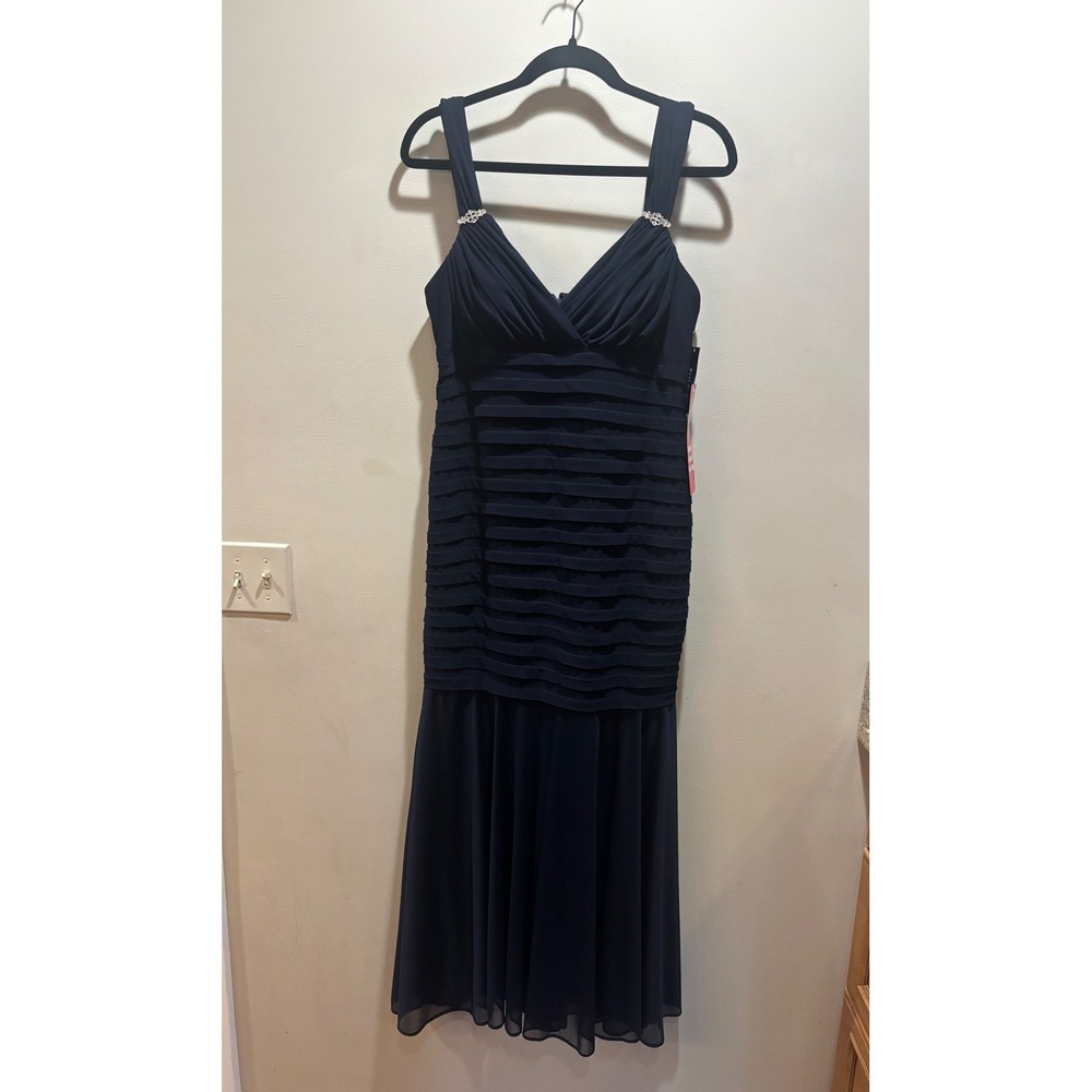 NWT R&M Richards‎ Navy Blue Tiered Ruffle Rhinestone Evening Gown Dress 10P